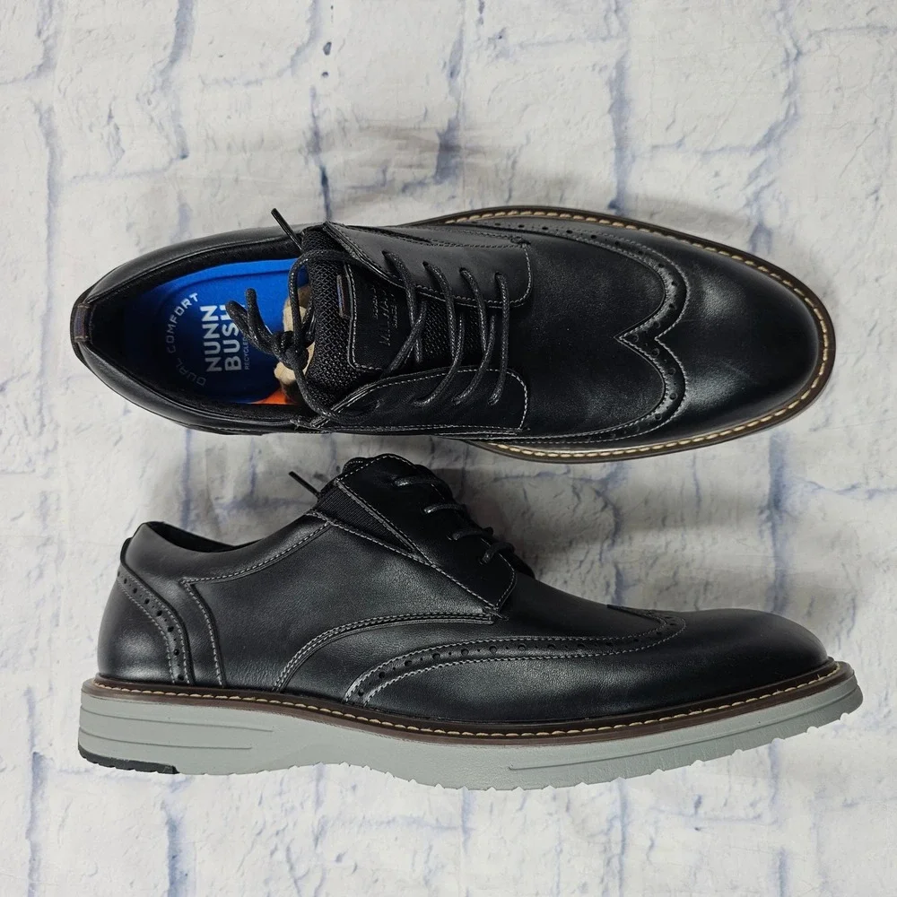 Nunn Bush Wingtip Oxford Mens 10 Black Dual Comfort Brogue Dress Shoes